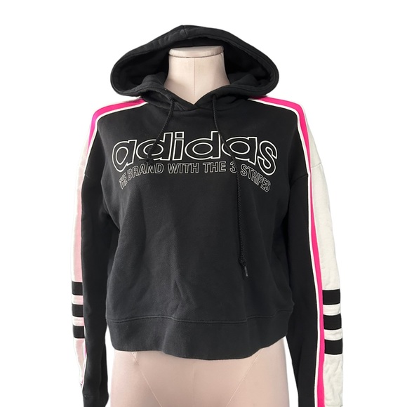 Adidas long sleeve crop hoodie in size XS. Black front. Pink and white sleeves - Picture 2 of 11